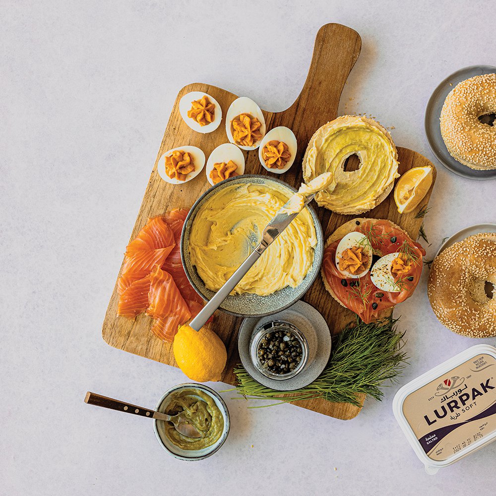 Whipped wasabi butter with bagel toast, smoked salmon and devilled eggs