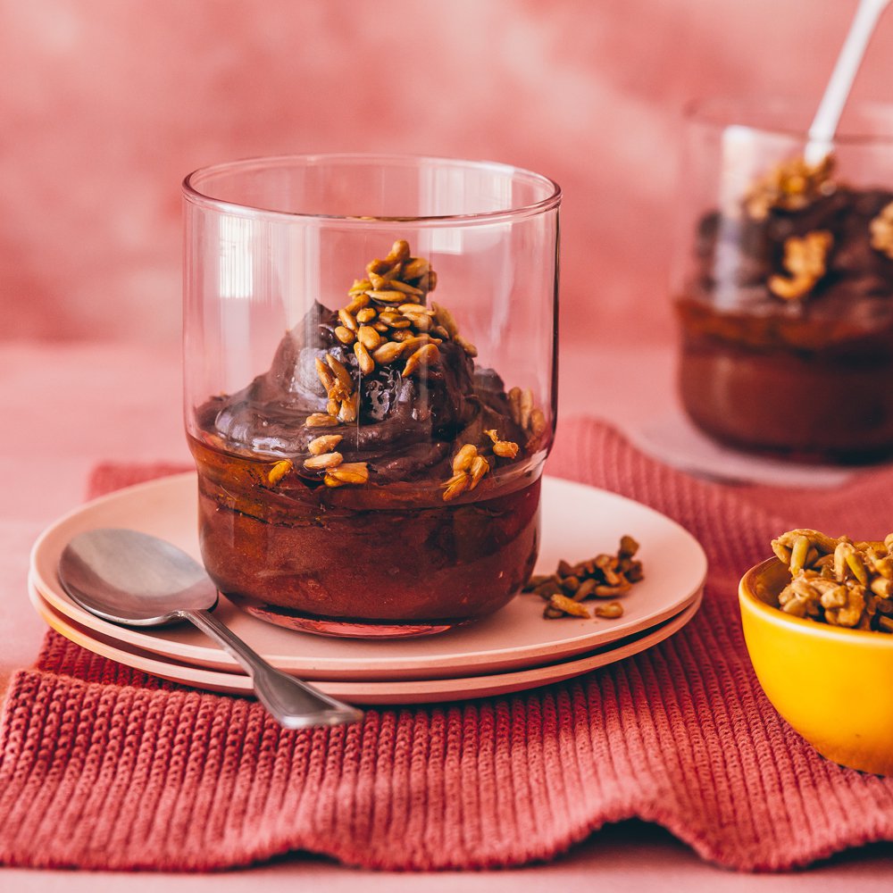 Avocado chocolate mousse with sunflower seed praline and vanilla olive oil