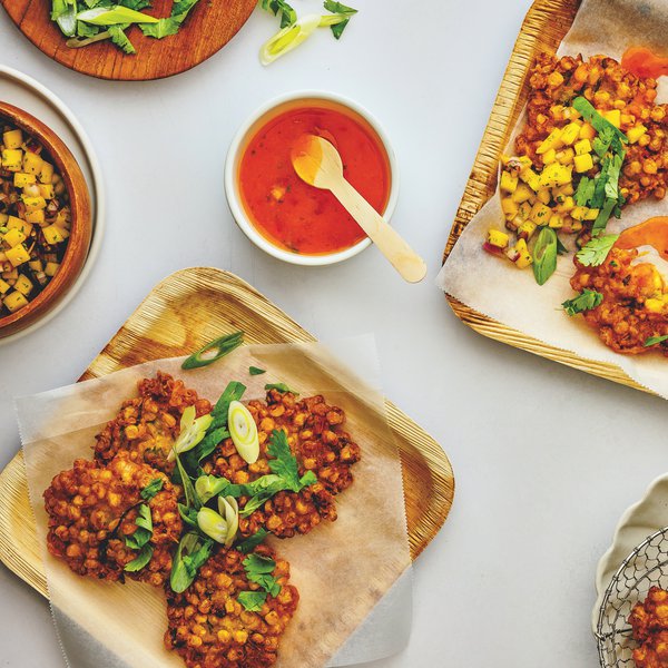 Thai corn fritters with sweet chilli mango sauce