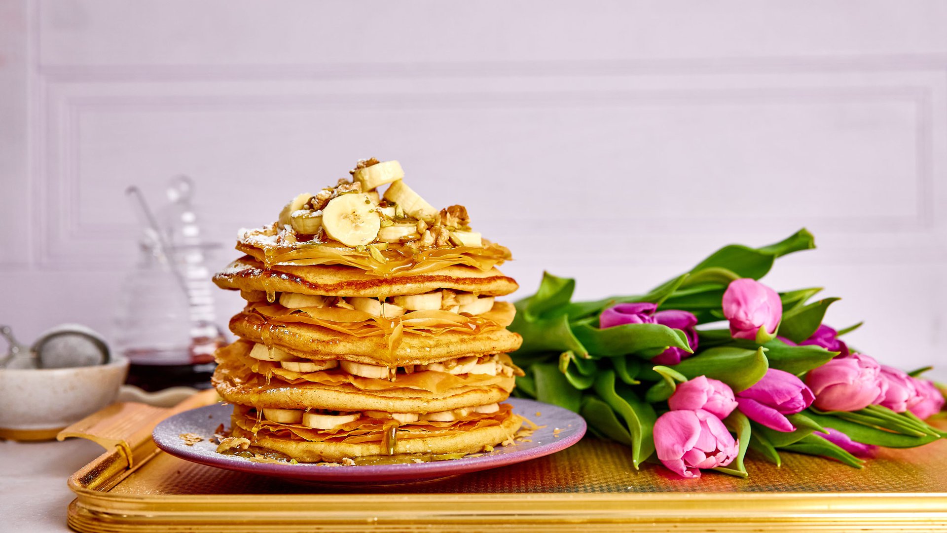 Baklava pancake stack with honey