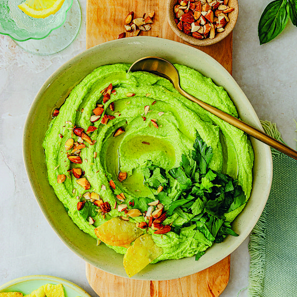 Green goddess skordalia dip with potato crisps