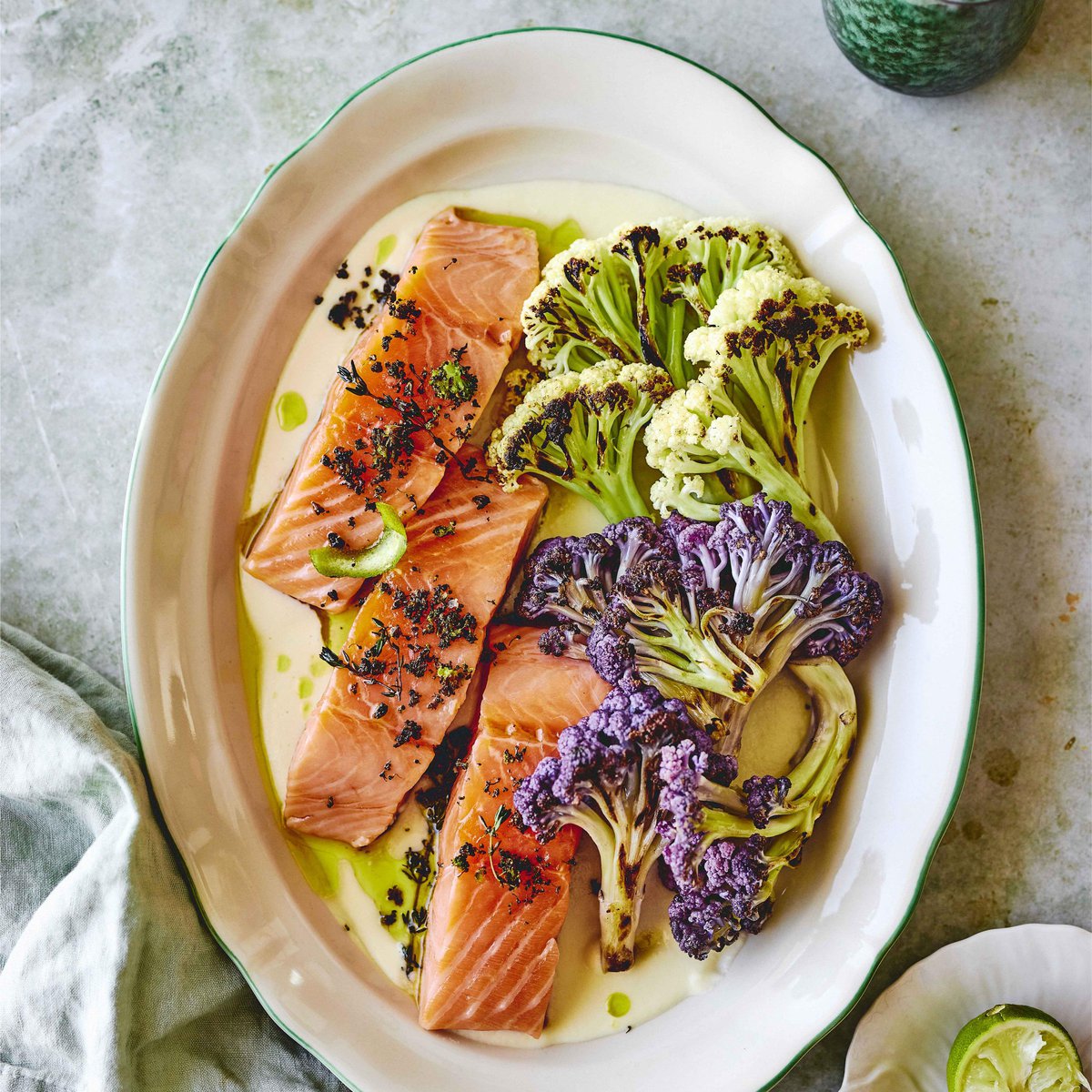 Olive oil poached salmon with grilled Fioretto and Murasaki