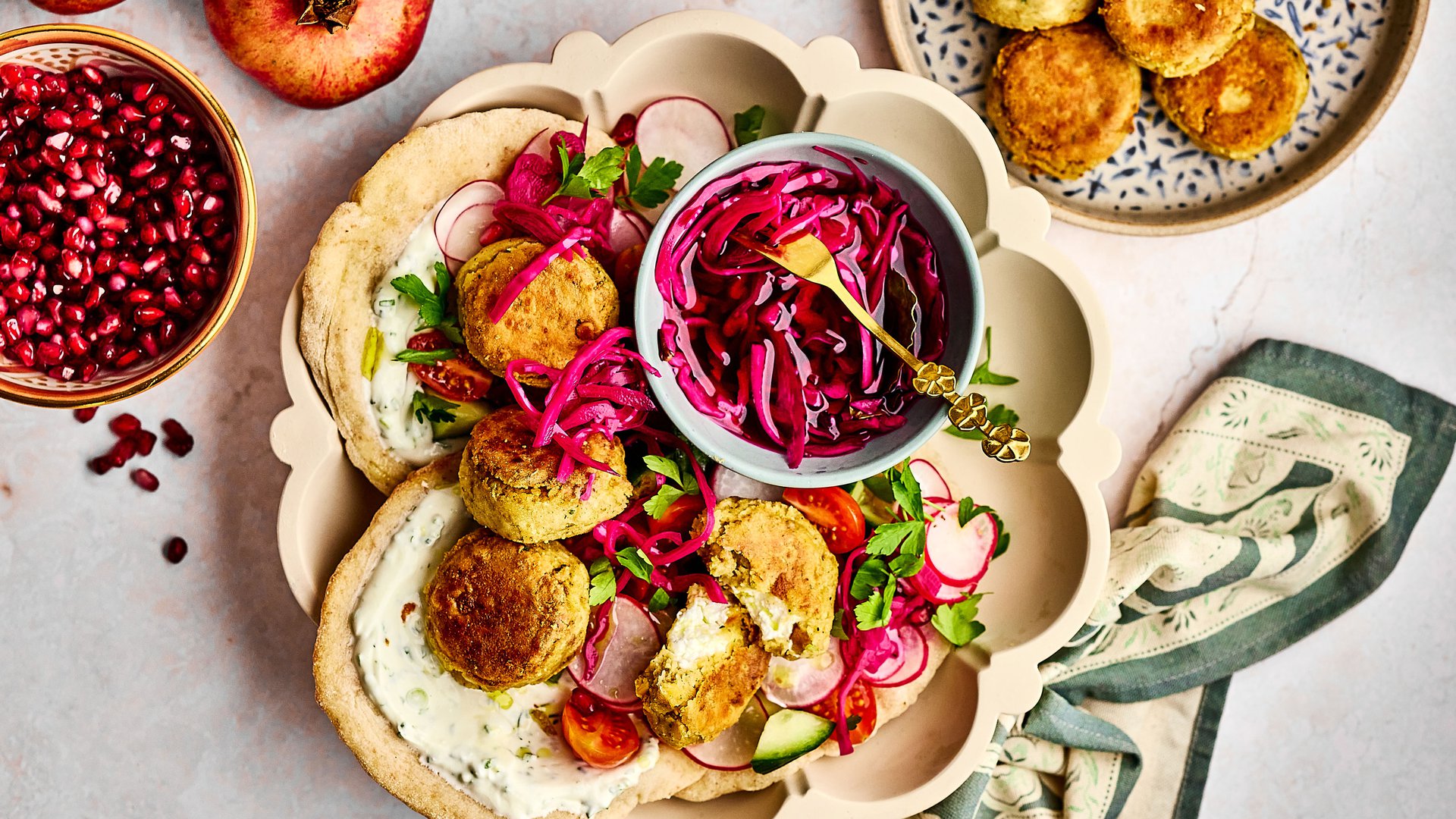 Goat's cheese-stuffed falafel with pickled red cabbage
