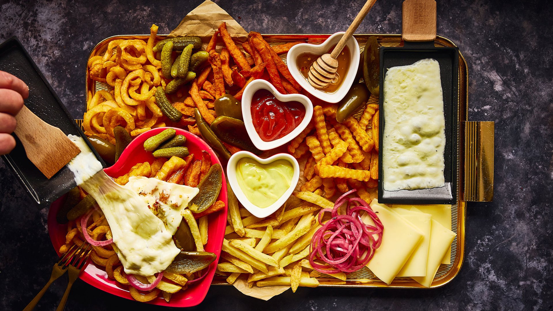 Hot honey raclette fries board