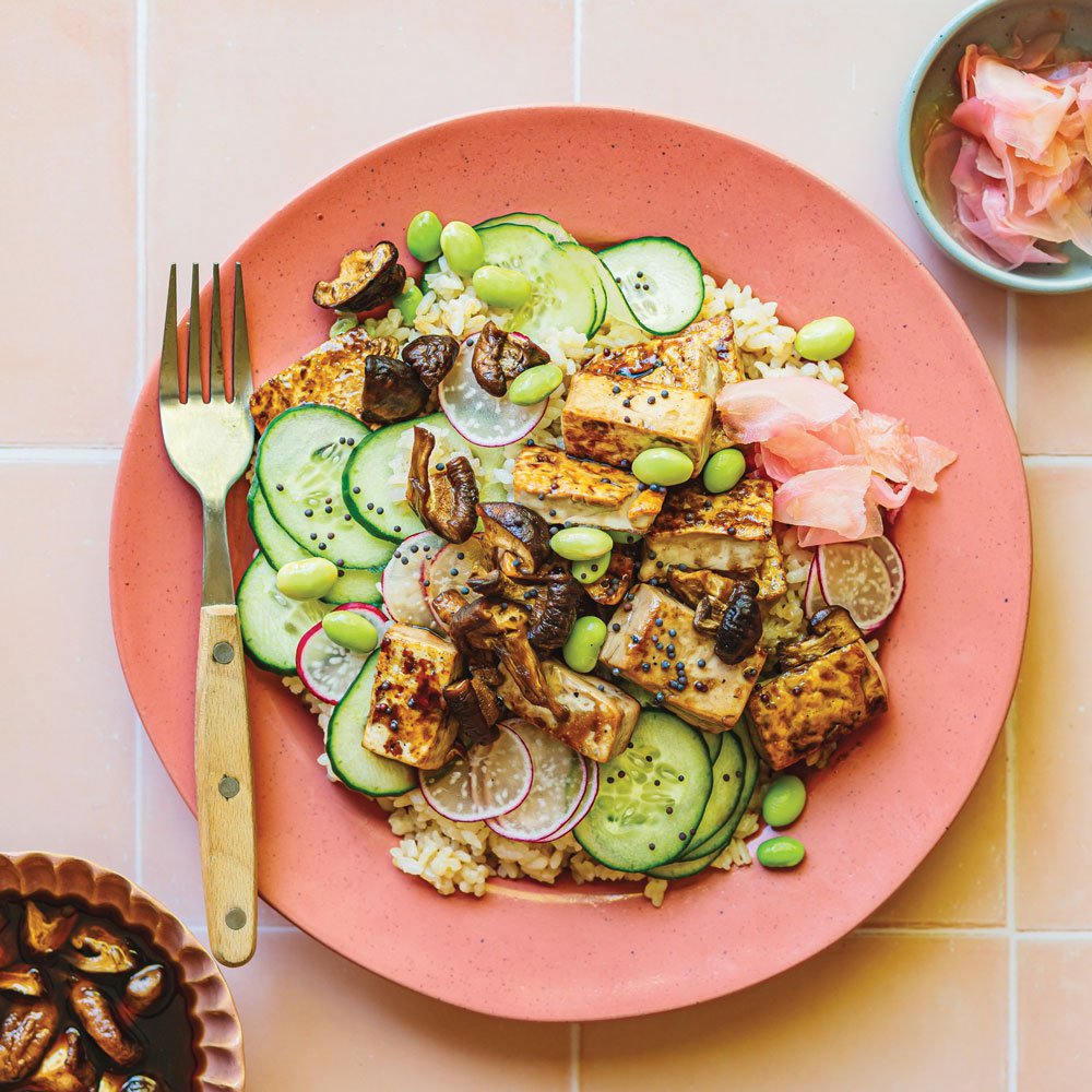Sticky marmite tofu with pickled shiitake mushrooms and kombu rice