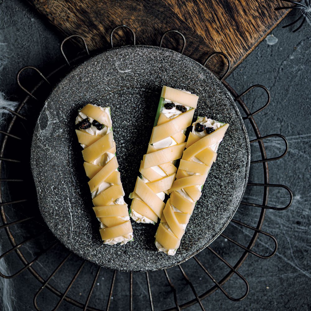 Stuffed mummy celery sticks