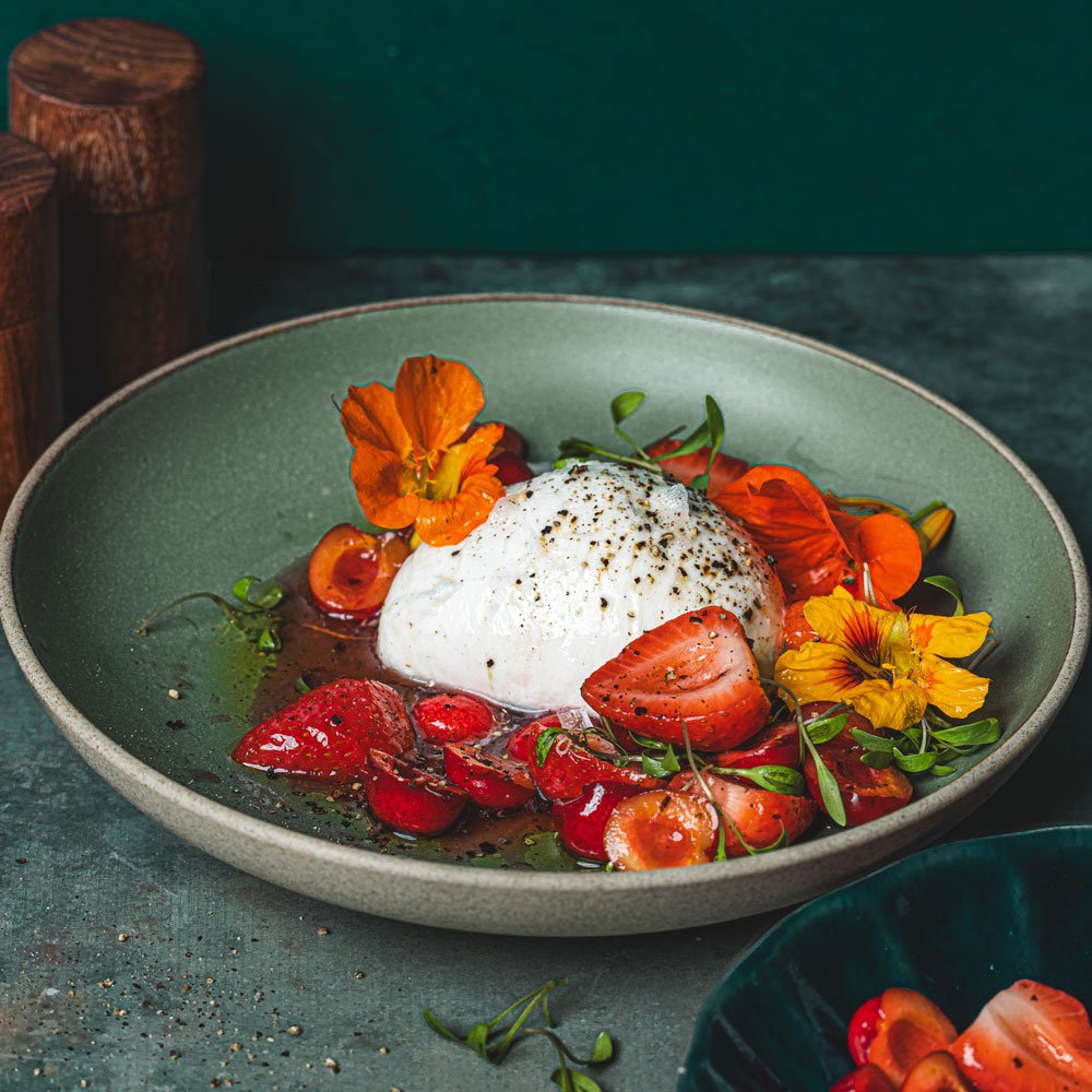 Sumac-pickled cherries and strawberries with burrata