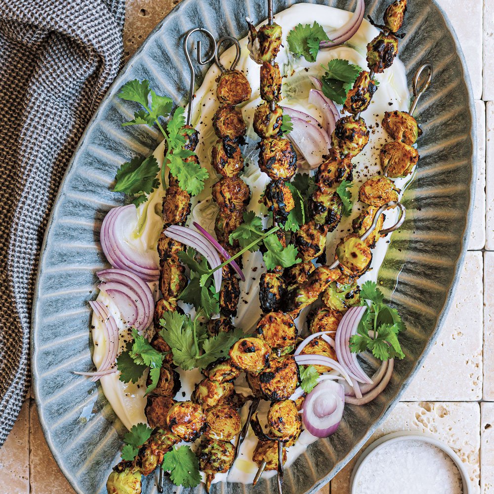 Tandoori Brussels sprout skewers with yoghurt