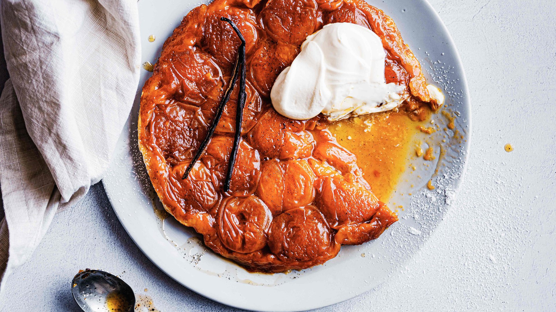 Whole vanilla and apricot tarte tatin