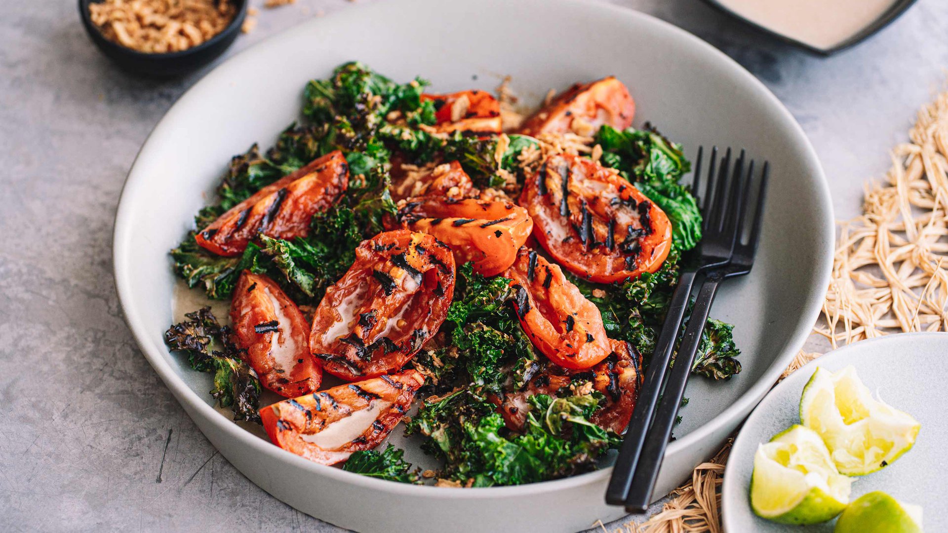 Tomato salad with crispy kale and anchovy dressing recipe