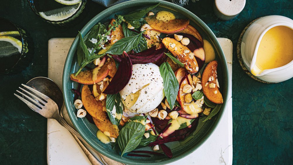Truffle burrata with beetroot, hazelnuts and peach vinaigrette