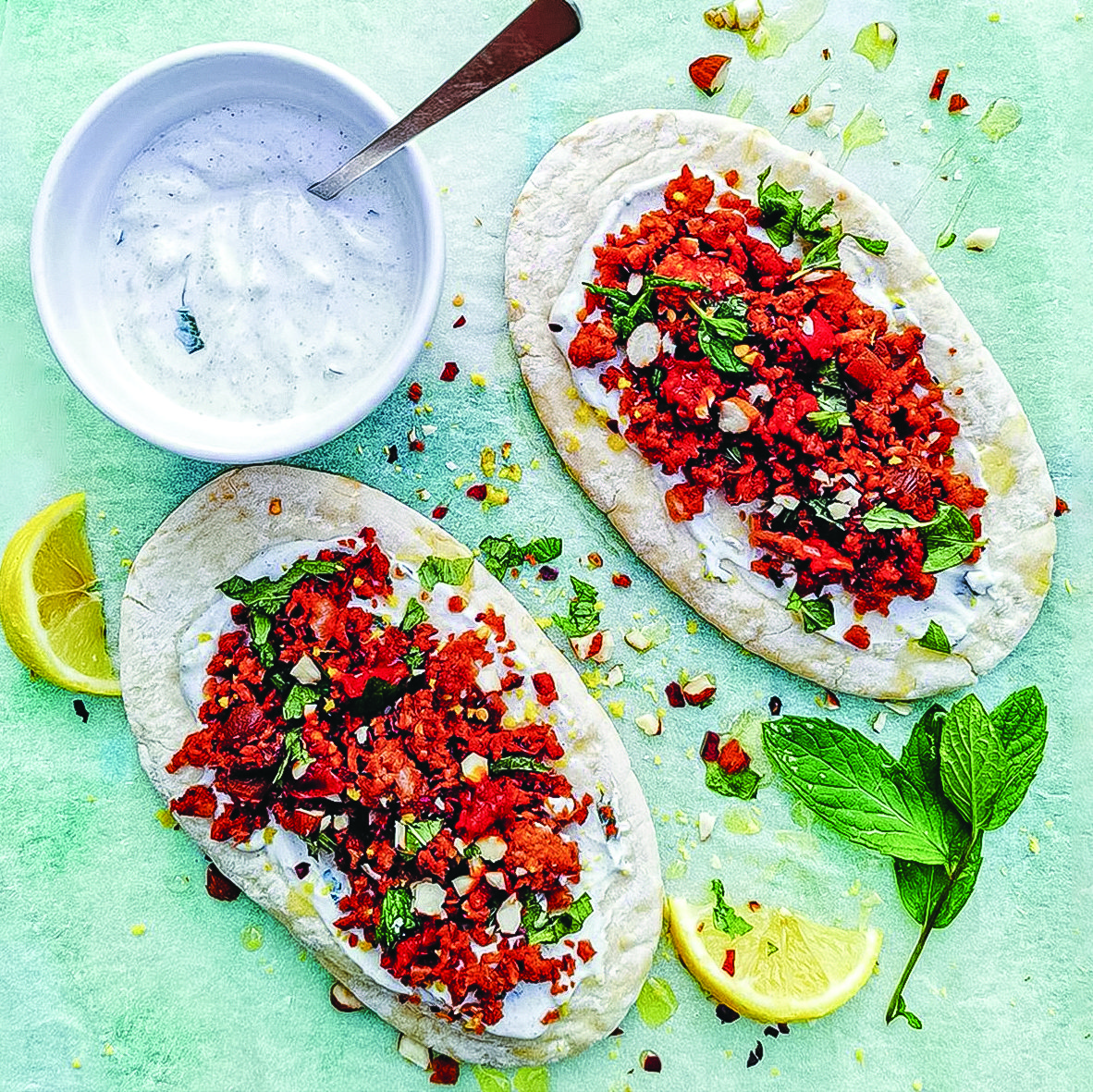 Vegan spiced mince and mint flatbreads