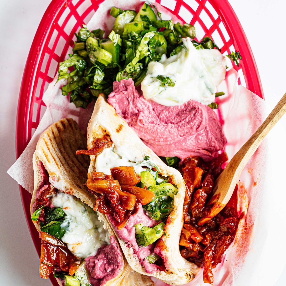 Vegan ‘shawarma’ with tzatziki and beetroot hummus