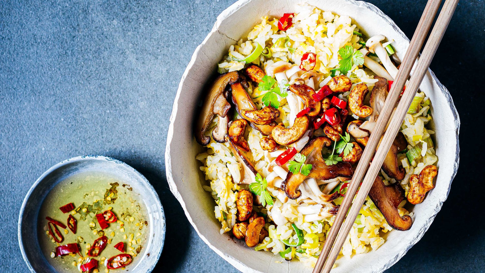 Mushroom fried jasmine rice with soya cashews recipe