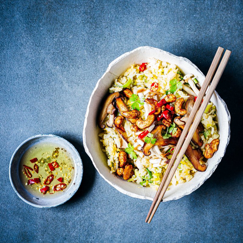 Mushroom fried jasmine rice with soya cashews