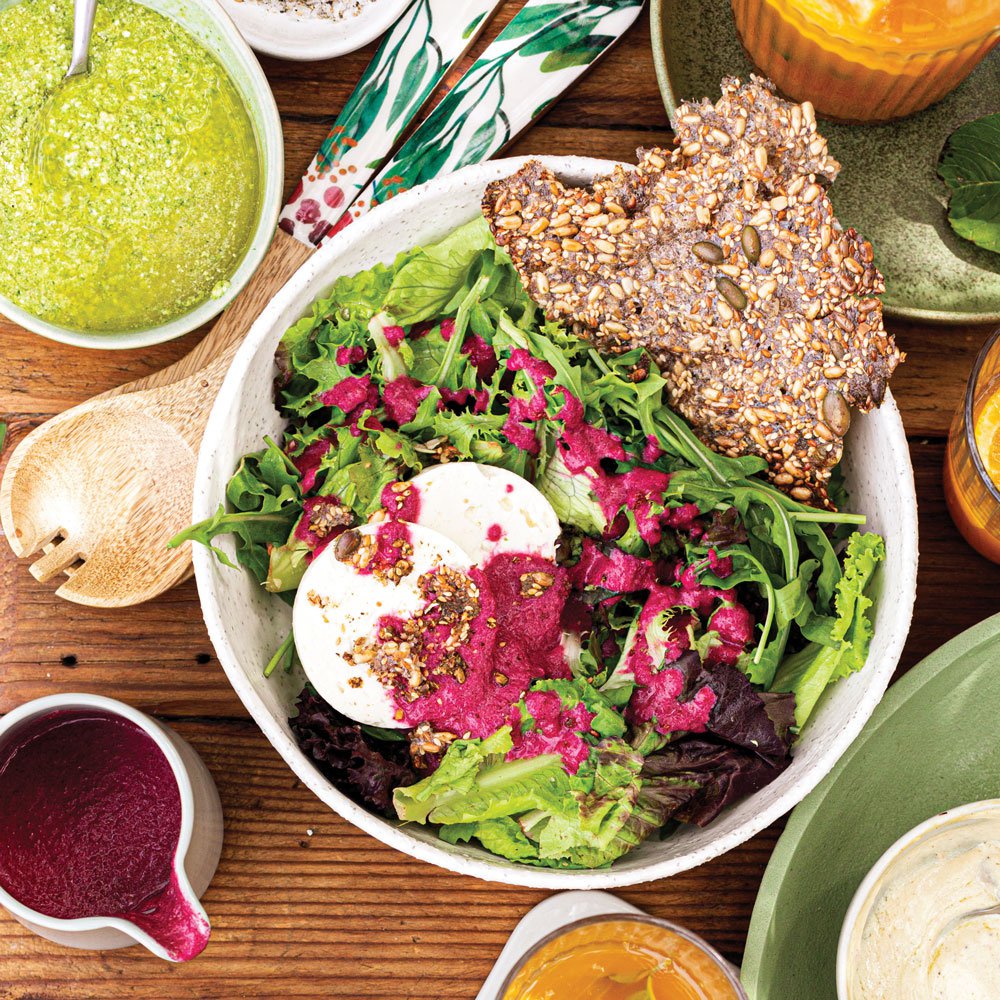 Wholesome mix with beetroot cumin dressing and seed crackers