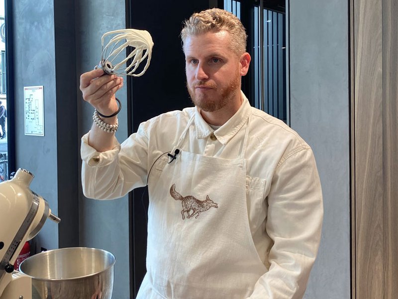 Freshly baked pastries displayed at Yann Couvreur | Our first morning in Paris |Whipping cream | Filling the tarte ISATIS