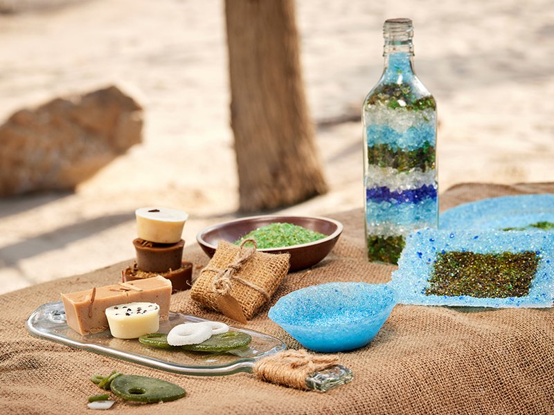 The on-site organic garden | Milk from the resort’s tribe of goats is used to make goat’s cheese at Zighy Bay’s artisanal factory | Guests are encouraged to cycle around the property | Glass waste produced by the resort is recycled onsite and repurposed into jewellery and decorations | More than 5,000 trees grow around the property, providing shade and soothing swathes of greenery