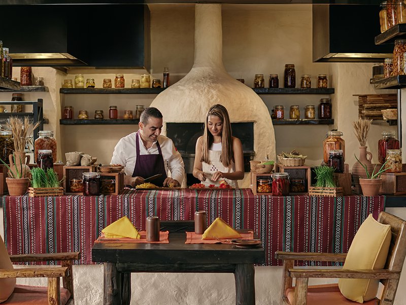 Saltwater pool | Experience fine dining under the stars at Sense on the Edge | Zighy Bay’s artisanal cheese factory crafts six cheeses including Cheddar, brie and thyme-infused goat’s cheese | With direct access to the beach and gorgeous sunrise views over the bay, a beachfront pool villa offers the perfect sanctuary for a relaxed holiday | Learn to make delicious falafel, muhammara and more at the Arabic cooking class