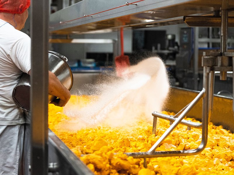 Salting the cheese by hand is an intuitive job | Herds graze on nutrient-rich grasses | SpinneysFOOD Mature Cheddar on the production line | Laurels Farmhouse