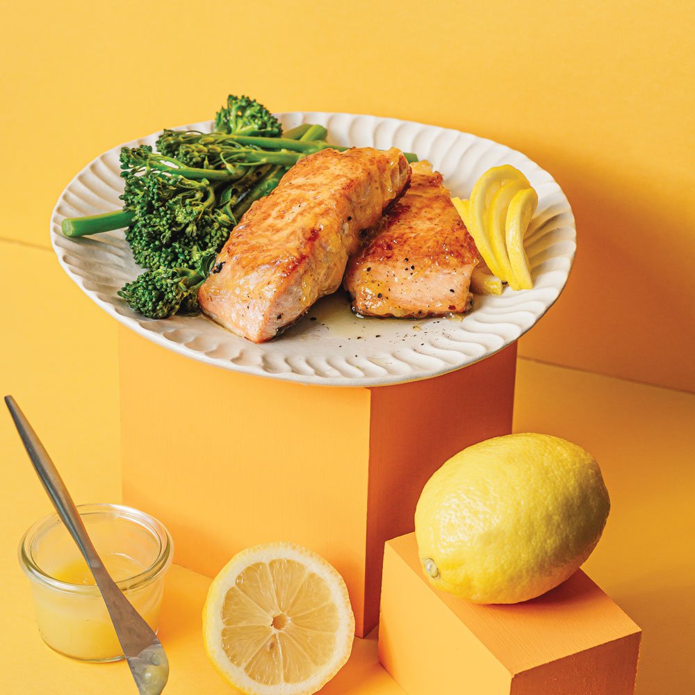 Lemon curd glazed salmon fillets