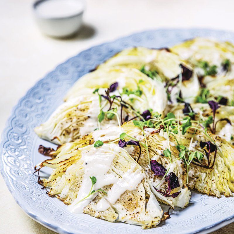 Roasted cabbage with lemon and tahini sauce