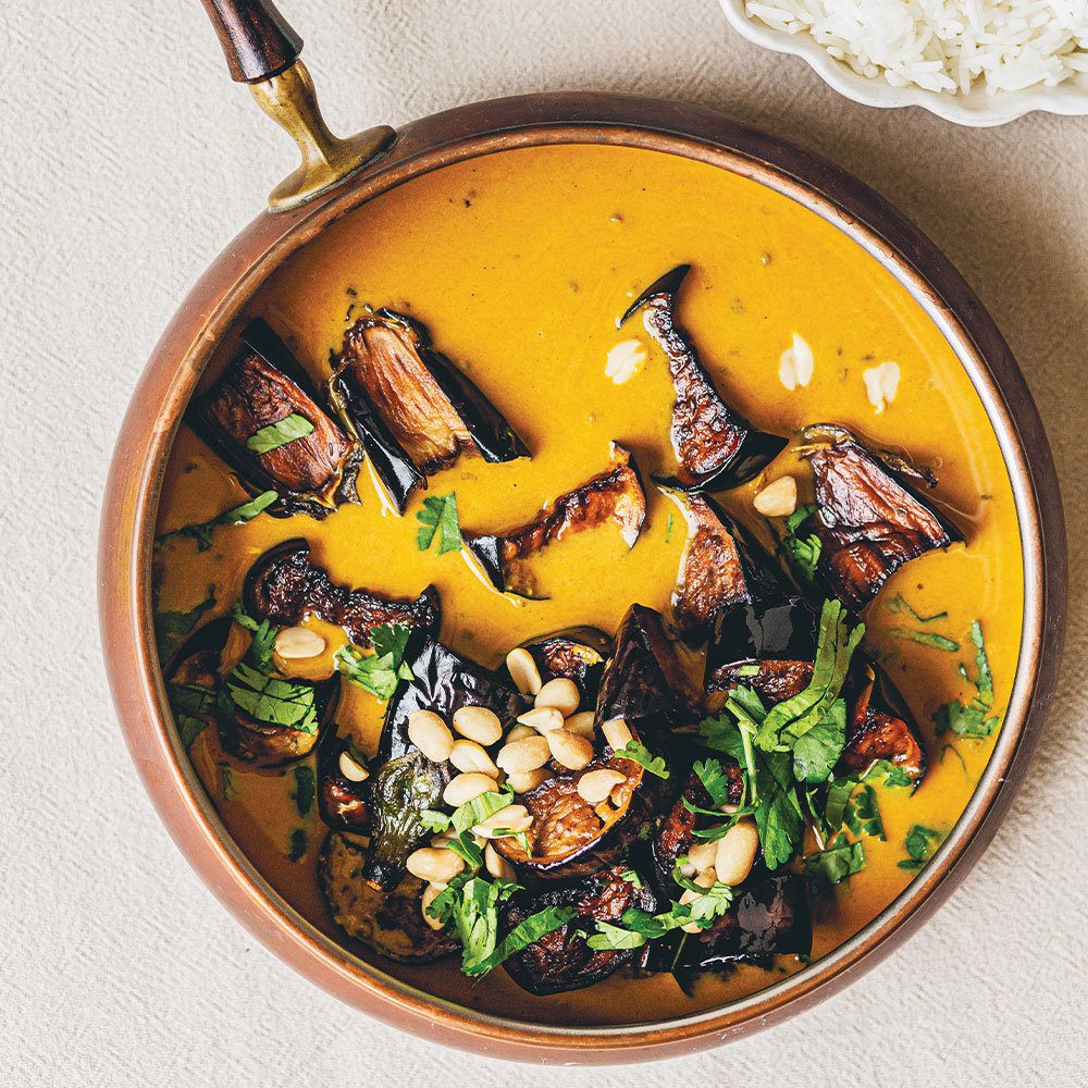 Aubergine, coconut and peanut curry