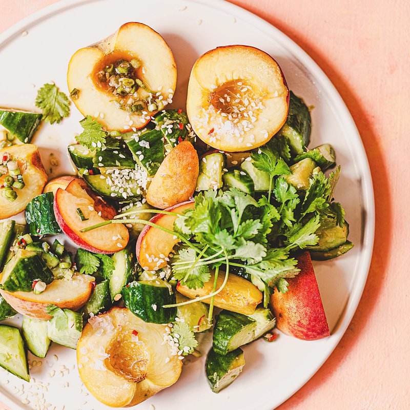 Peach and marinated cucumber salad with ginger