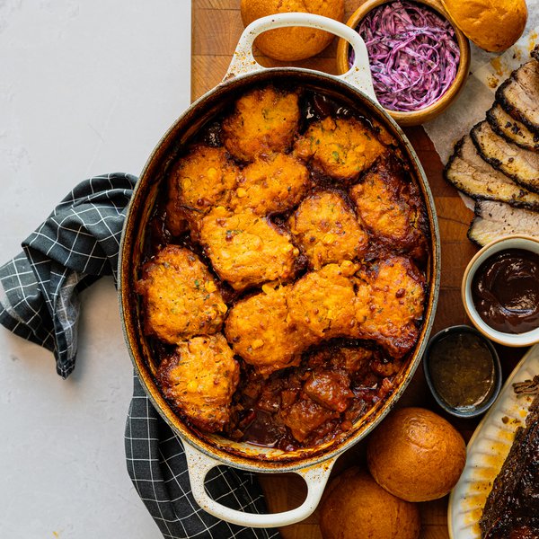 Smoky beef brisket stew with cornbread dumplings