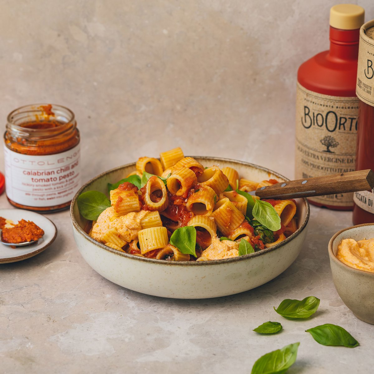 Fresh tomato pasta with Calabrian chilli ricotta