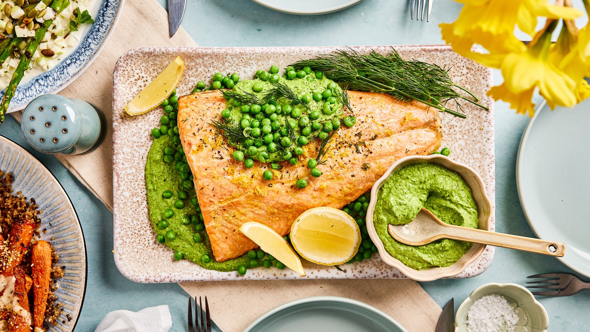 Roasted side of salmon with pea and dill pesto