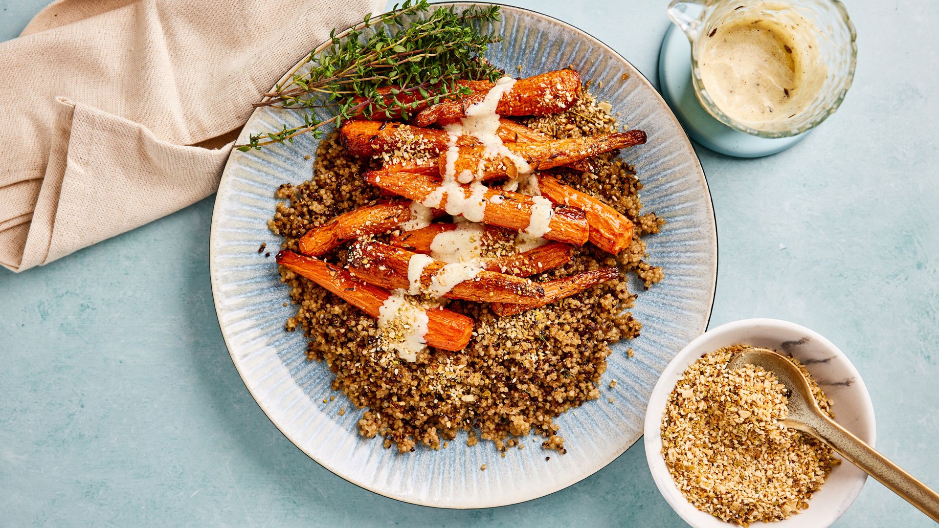 Roasted carrots with fennel and quinoa dukkah