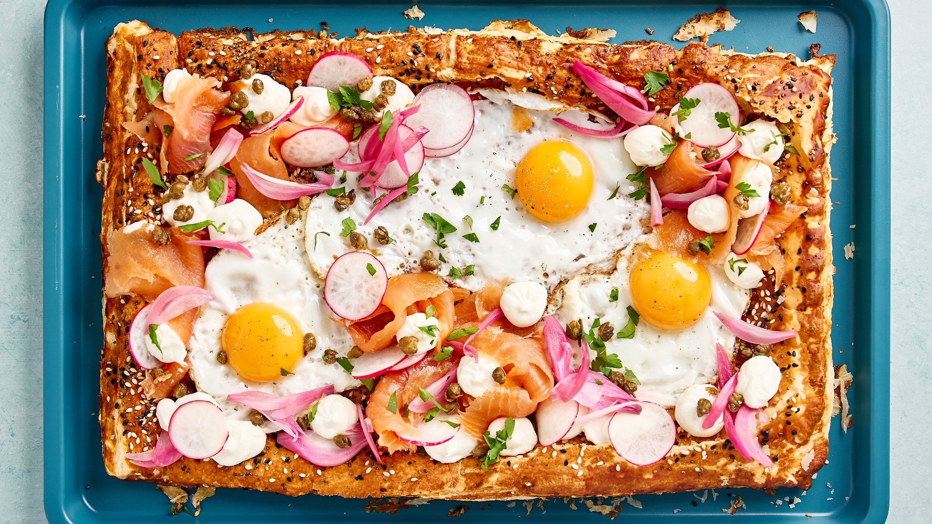 Everything bagel smoked salmon tart with sunny eggs