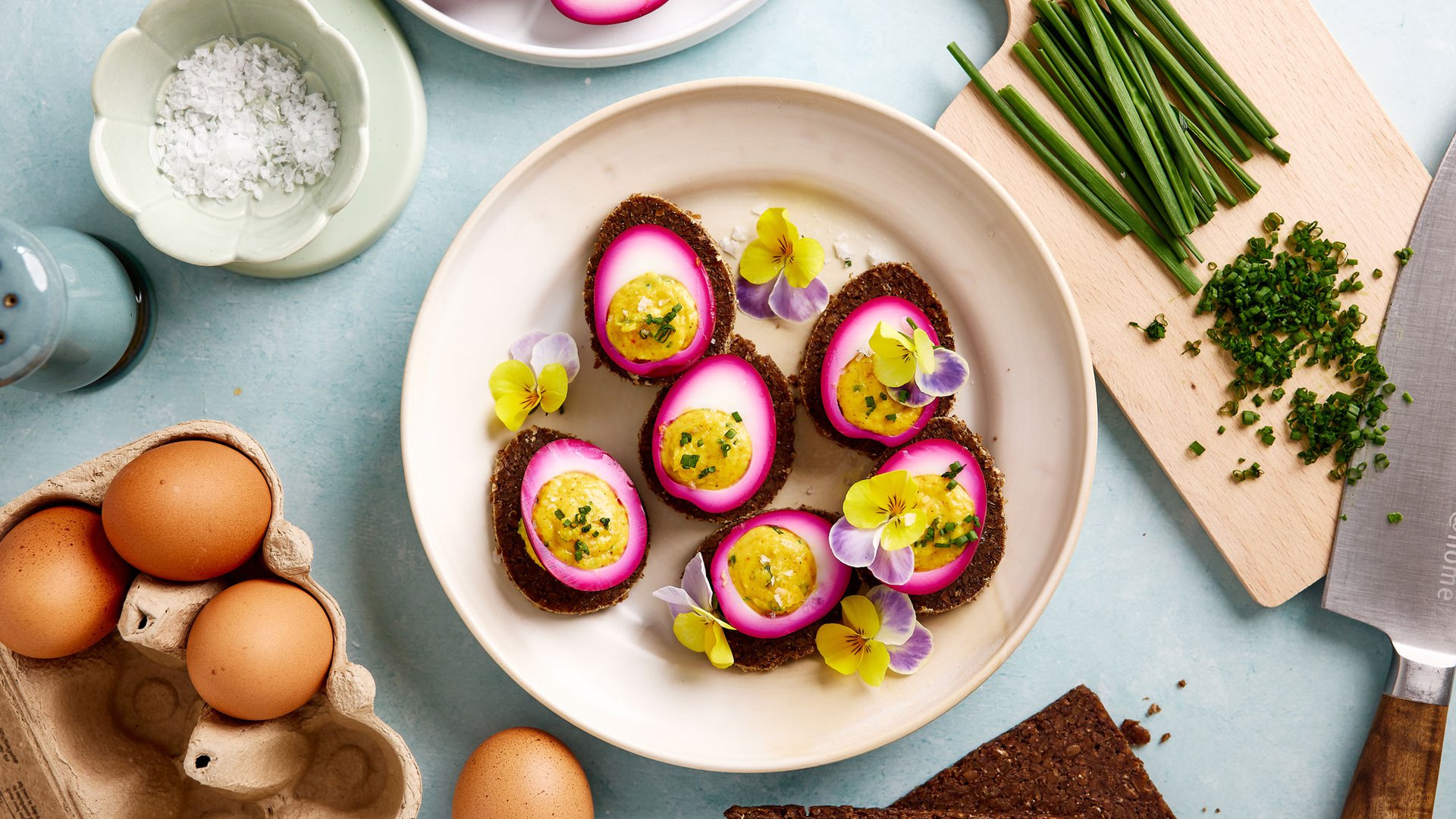 Saffron and chive devilled eggs with beetroot