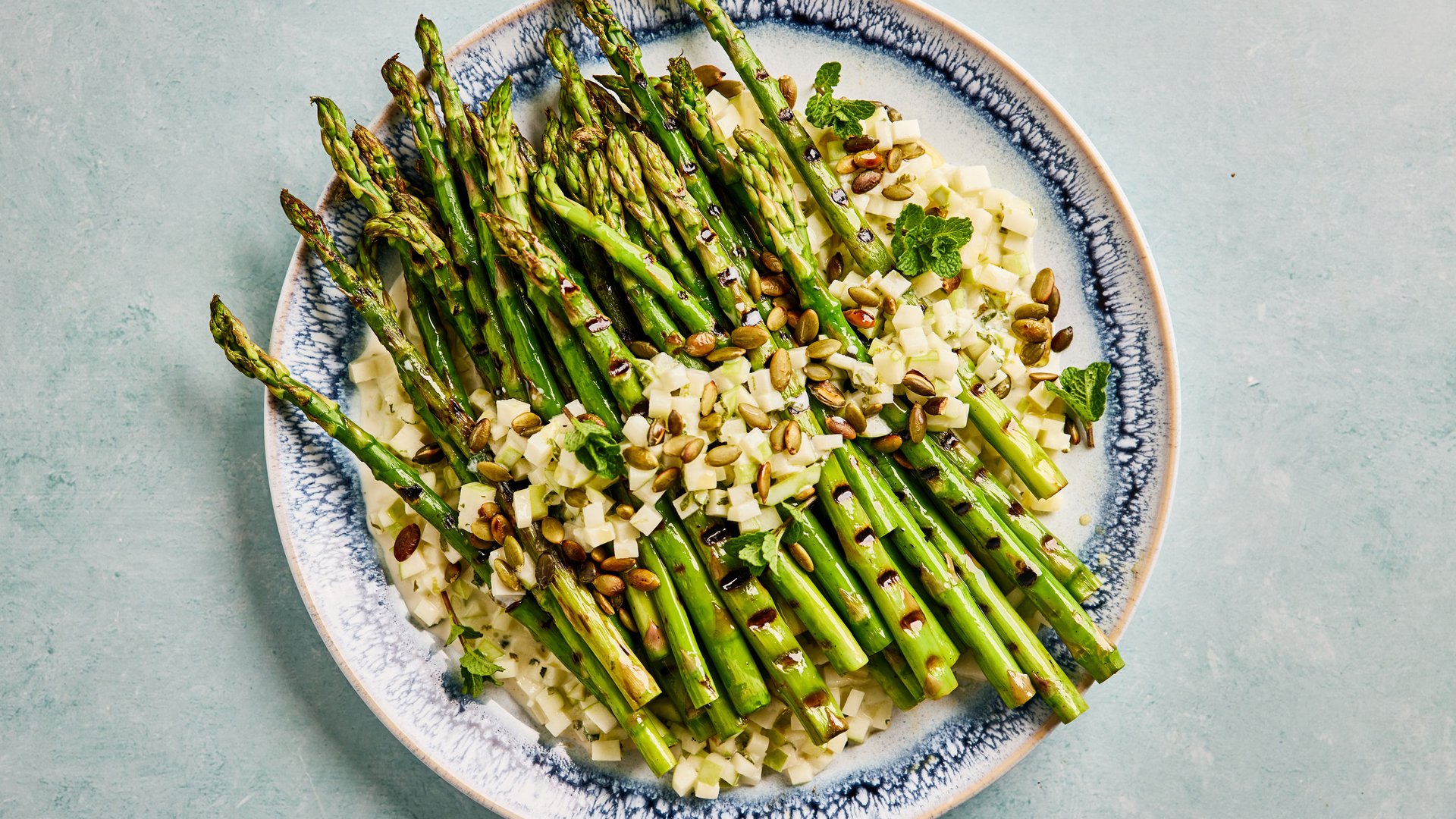 Charred asparagus with apple and mint salsa