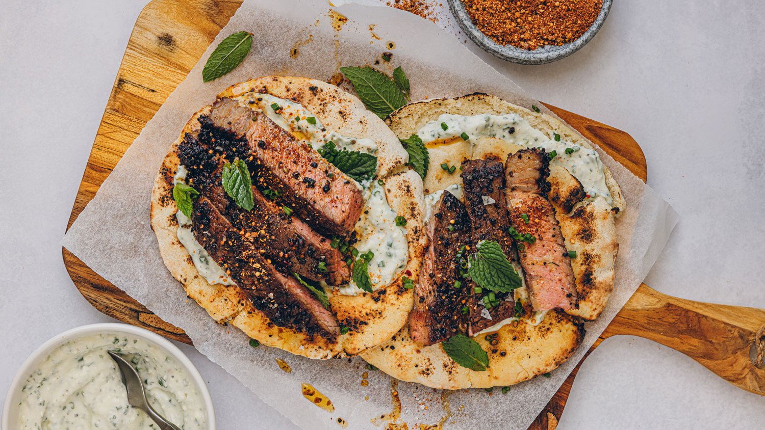 Steak pita with feta mint dressing