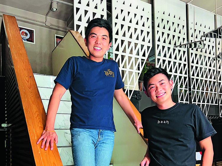 A section of Thai homestyle dishes at Baan, including the spicy, five-spiced egg soup | Giant butterflied lake prawn served at Le Du | Chef Ton and his brother Tam – two of Bangkok’s most hospitable chefs