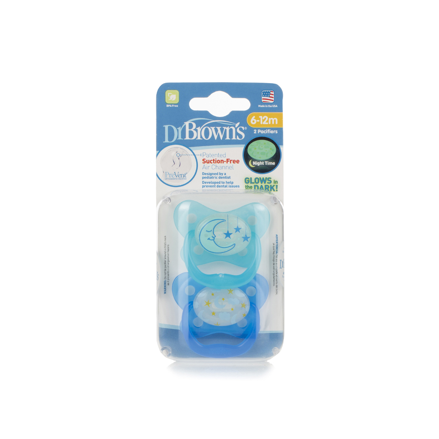 Dr Browns PreVent glow in the dark pacifier 6-12 months x2 - Spinneys UAE