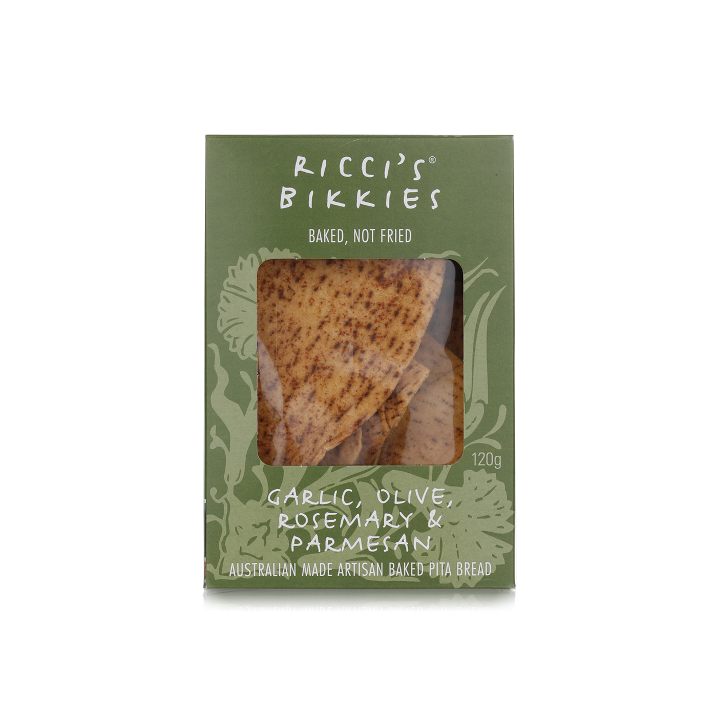 Ricci's Bikkies Garlic, Olive, Rosemary and Parmesan Baked Pita Bread 120g