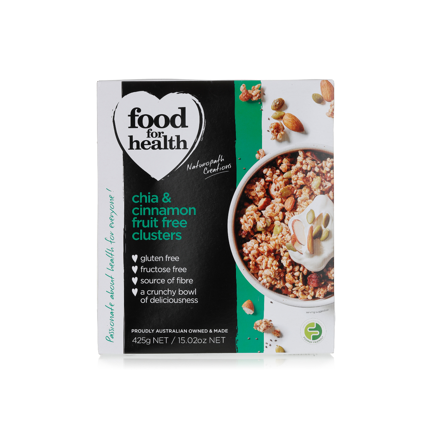 Food for Health Chia, Cinnamon & Fruit Free Muesli Clusters 425g