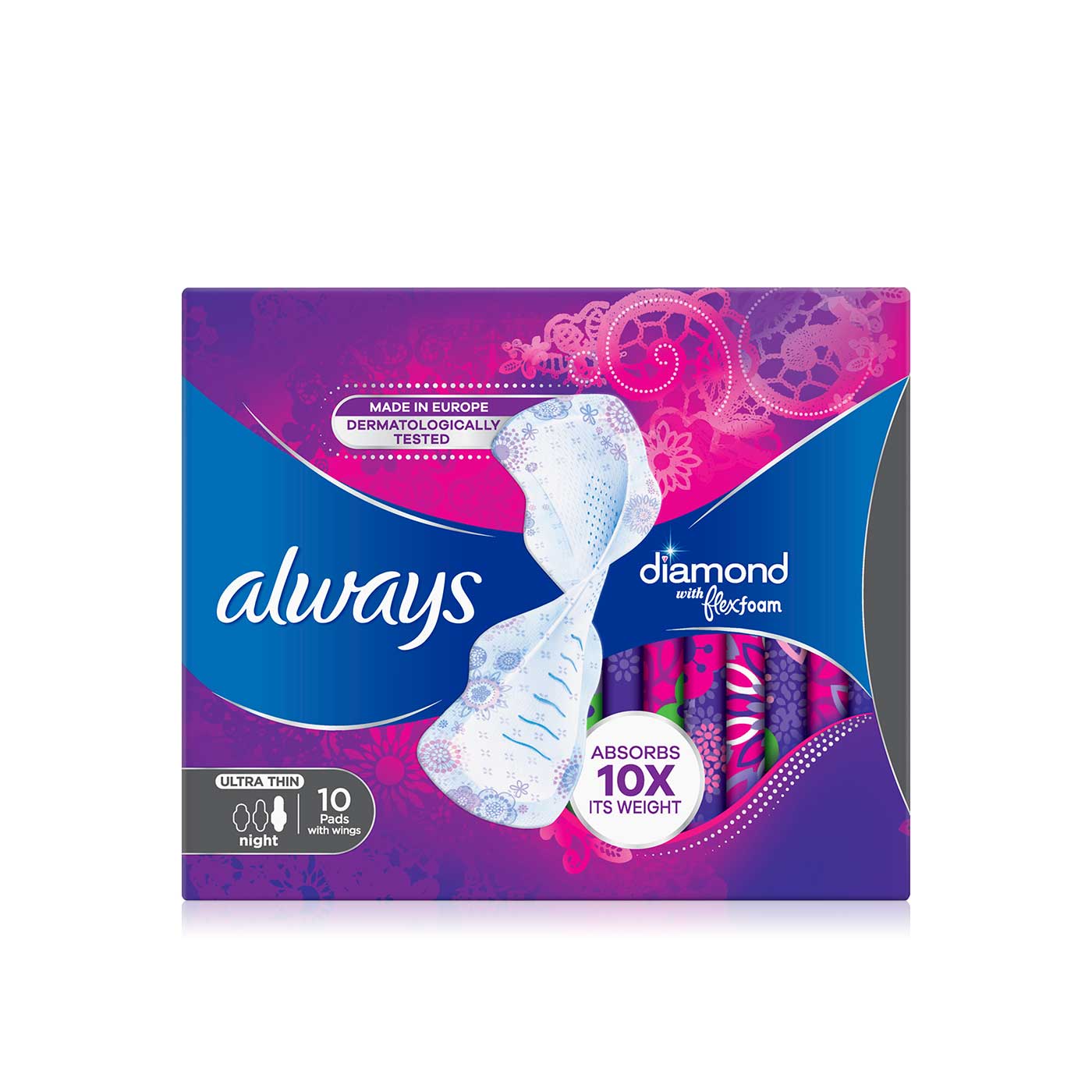 Always Diamond with Flexfoam Ula Thin Night Pads with Wings x 10