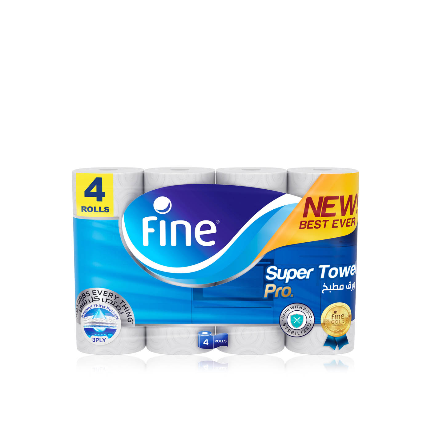 Fine Super Towel Pro 3ply Kitchen Paper Towel Rolls x 4
