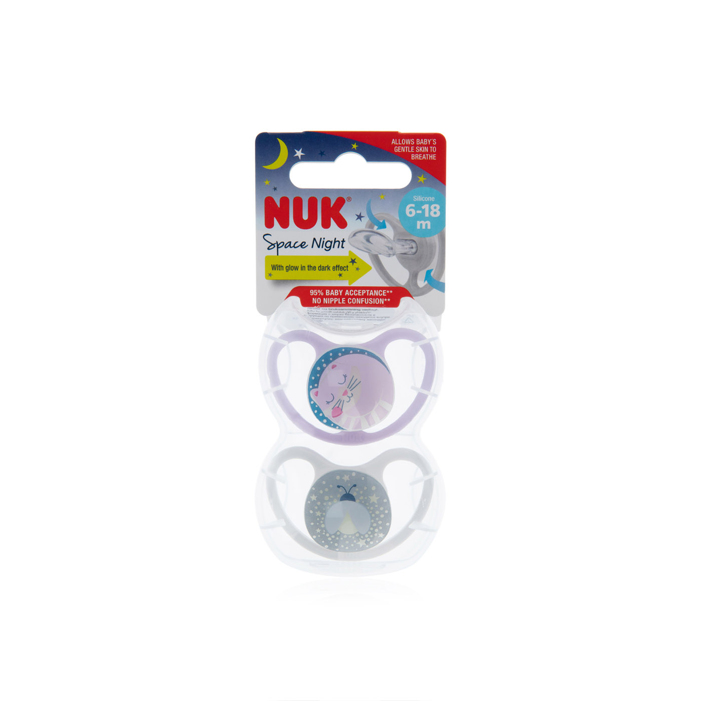 Nuk space night silicone soother 6-18m 2 pack - Spinneys UAE
