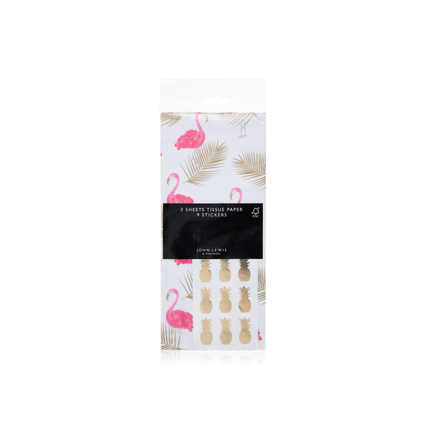 John Lewis Flamingo palm leaf tissue paper and stickers pack of three