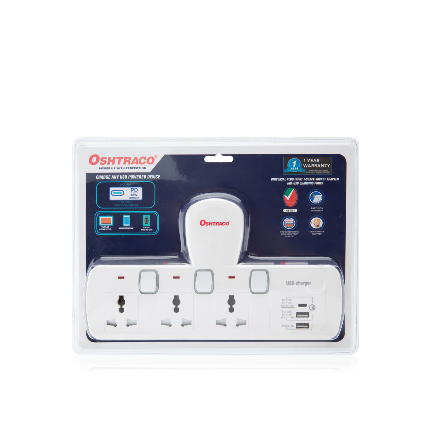 Oshtraco 4-Way T-Socket Extension with USB Charger