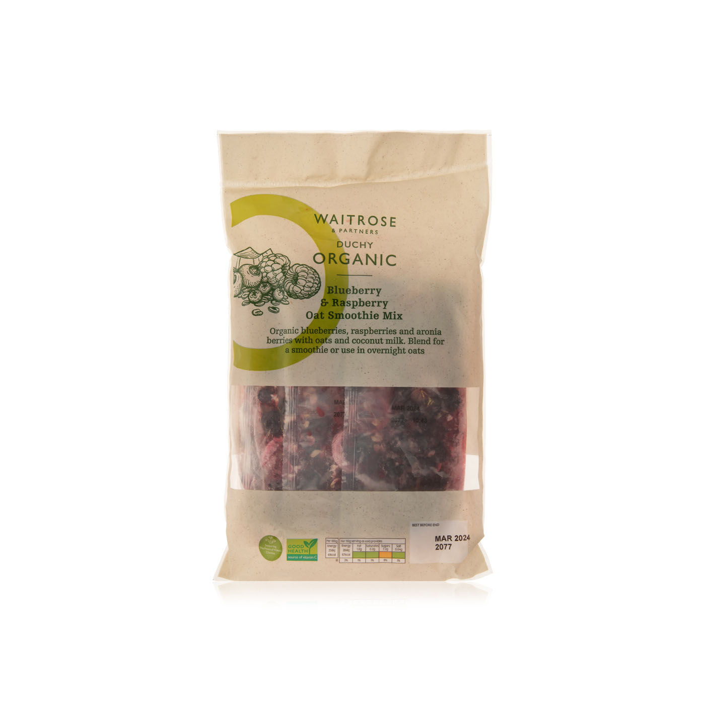 Waitrose Frozen Duchy Organic Frozen Blueberry & Raspberry Oat Smoothie Mix 4 X 110G
