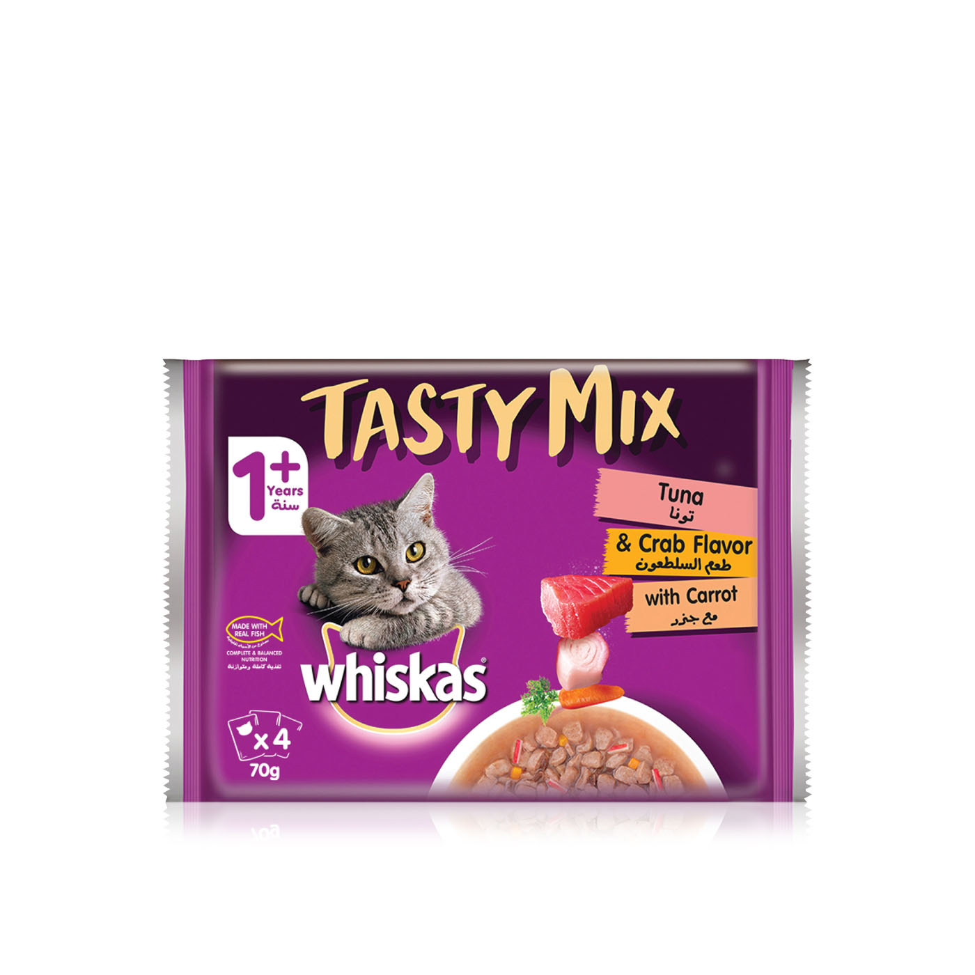 Whiskas Tasty Mix Wet Cat Food for Adults 1 + Years with Tuna & Crab & Carrot 70g x 4s