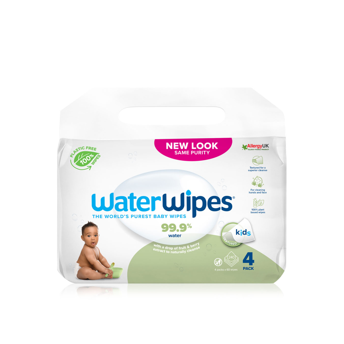 Waterwipes Plastic Free Textured Clean, Toddler & Baby Wipes, 240 Wet Wipes (4 Packs), 99.9% Water Based Wet Wipes & Unscented for Sensitive Skin
