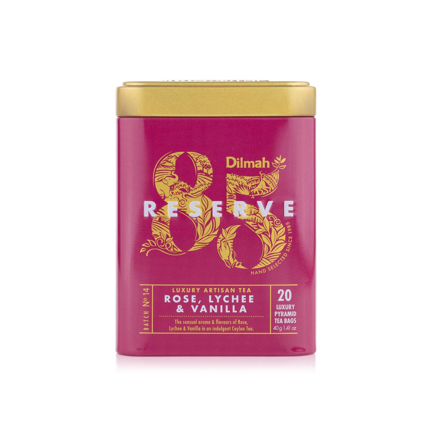 Dilmah 85 Reserve Rose Lychee and Vanilla Ceylon Black Tea Luxury Leaf Tea Bags in Tin Caddy 40g