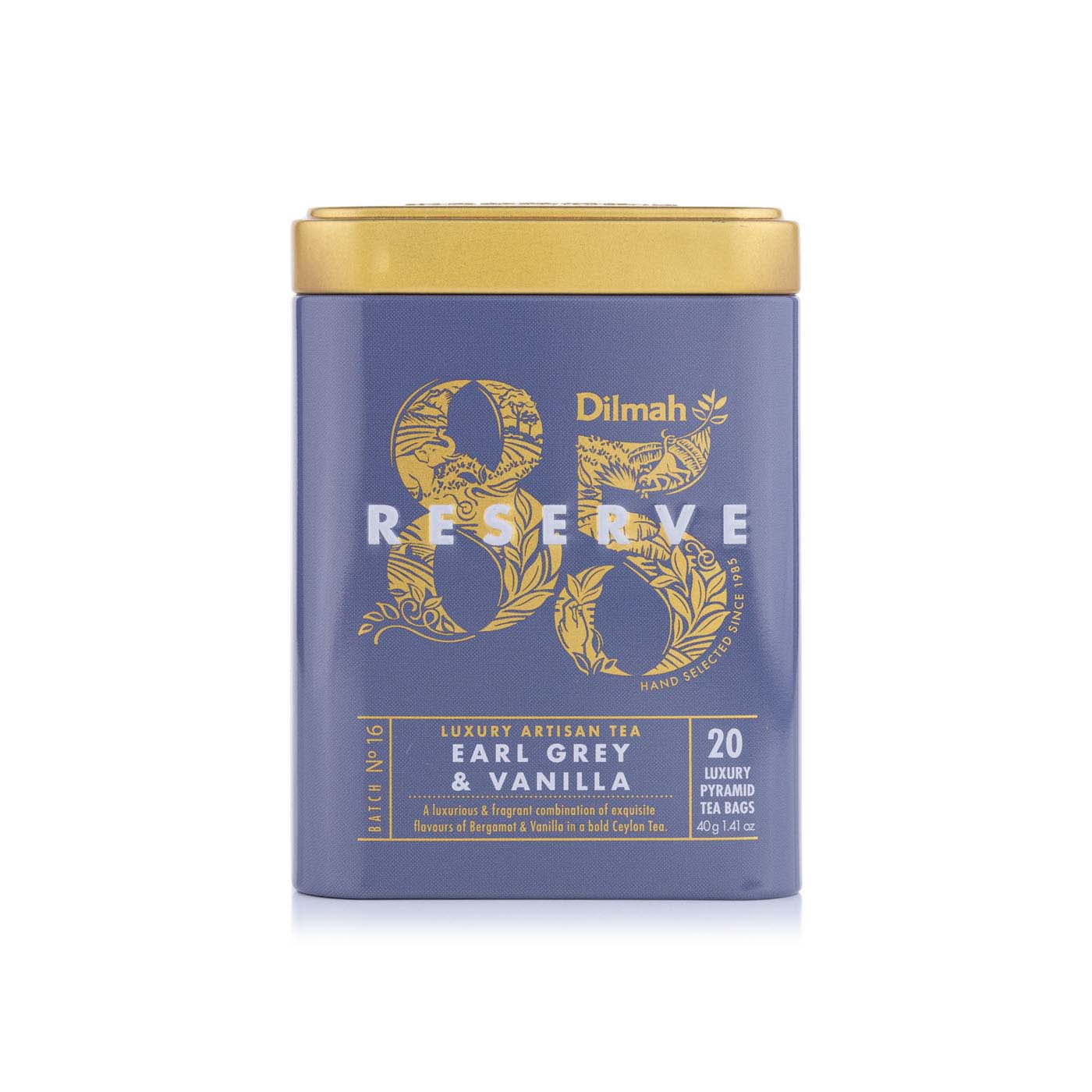 Dilmah 85 Reserve Earl Grey and Vanilla Ceylon Black Tea Luxury Leaf Tea Bags in Tin Caddy 40g